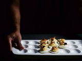 Brown miso and kimchi deviled eggs with fried mushrooms