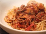 Spaghetti with Mushrooms and Minced Beef in Tomato Sauce