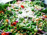 Spinach Pea Salad with Fresh Basil Walnut Pesto