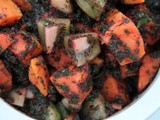 Festive salad of Sweet potato and kiwi fruit in a parsley, Beetroot, Indian spice and mint pesto