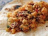 Fragrant Indian spiced mung dhal, potato, feta, toasted coconut and beetroot salad wraps-leftover Lunches