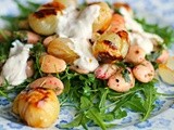 Pomegranate roasted baby onions with butter bean salad and tahini-chilli yogurt