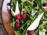 Warm Dandelion Greens Salad with Pears & Raspberries