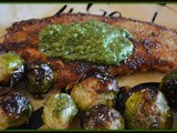 Chicken fried in avocado oil & topped with pesto served with roasted brussel sprouts