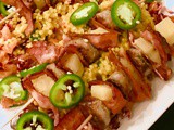 Bacon Wrapped Sausage & Pineapple Skewers over Cabbage and Kimchee
