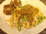 Carbonara-Style Fettuccine  with Grilled Asparagus and Lemon-Herb Breadcrumbs