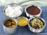 South Indian Lunch Menu # 3 - Manathakkali Vathal Kuzhambu, Tomato Juice Rasam and Beans Poriyal