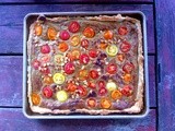 Beet and squash tart with cherry tomatoes and pine nuts