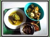 Hilsa Feast : Hilsa fish fry, fish oil fry, Pui saag matha diye(malabar spinach with hilsa fish head) and Sorshe Ilish(Hilsa fish in mustard gravy)