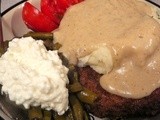 Pork Cutlets, Chive Potatoes & Pan Gravy, Fresh Green Beans, Cottage Cheese, & Sliced Tomatoes