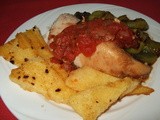 Roasted Chicken with Tuscan Sauce, Fried Polenta and Balsamic Peppers