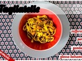 Tagliatelle homemade con zafferano, porri e gamberi glassati