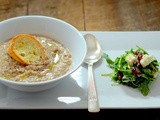 Chestnut and crab soup with arugula and feta cheese salad