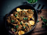 Spiced walnut roast chicken with apples and lemons