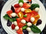 Caprese with three types of tomatoes and two types of basil