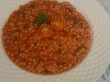 Two easy and filling Italian style vegan dishes: quick Fregola (or Israeli couscous) di verdura and quick Risotto di verdura