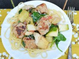 Tuscan Chicken Meatballs, Artichoke, and Spinach Skillet: src