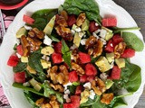 Watermelon Crunch Salad with Watermelon Poppyseed Vinaigrette and Watermelon Caramel Walnuts