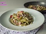 Tagliatelle al pistacchio con panna, funghi e speck