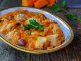 Bocconcini di pollo con zucca e olive in padella