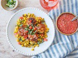 Blackened Scallops w/ Grilled Basil Butter Corn + Watermelon Jicama Salsa