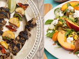 Elderberry Lime Chicken & Veggie Kabobs + Heirloom Tomato, Peach & Mozzarella Salad