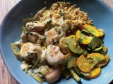 Pan-Seared Scallops w/ Leek, Thyme & Wine Cream Sauce; Lemon-Leek Orzo & Sauteed Zucchini Squash