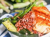 Salmon, Red Rice Veggie Bowls with Roasted Red Pepper Sauce {gf, df} + Giveaway