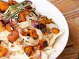 Vegan Fettuccine Alfredo with Caramelized Squash and Red Onions {Gluten-Free}