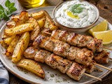 Grška piščančja nabodala oziroma souvlaki z limoninim hrustljavim krompirčkom