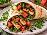 Tortilje s popečenim halloumijem, lubenico in rukolo