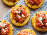 Grilled Polenta Bites with Roasted Red Pepper, Feta, and Thyme Spread