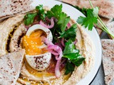 Hummus with Soft Boiled Egg, Pickled Onion, Parsley, and Sumac Oil