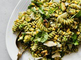 Pistachio Pesto Pasta with Grilled Corn, Zucchini, and Pecorino