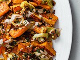 Roasted Butternut Squash and Leeks with Orange Tahini Sauce, Walnuts, and Za’atar