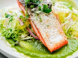 Seared Sockeye Salmon with Green Chile Adobo Sauce and Frisée Salad