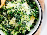 Shaved Broccoli, Brussels Sprouts, and Kale Salad with Truffle Parmesan Dressing