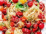 Spaghettini with Roasted Tomatoes, Fresh Basil, and Toasted Garlic Breadcrumbs