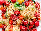 Spaghettini with Roasted Tomatoes, Fresh Basil, and Toasted Garlic Breadcrumbs