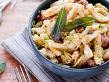 Strozzapreti with Pork Sausage, Shaved Brussel Sprouts, and Sage