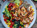 Healthy Grilled Salmon Bowl With Vegetables and Quinoa