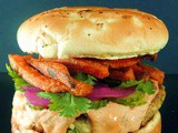 Asian Style Salmon Burgers with Hoisen Mayo and Spicy Sweet Potato Fries