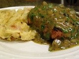 Bacon Wrapped Meatloaf Patties with Pan Gravy and Sour Cream Tomato Smashed Potatoes