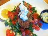 Petite Chick Pea Steaks (Falafel) served w/ Kale Salad & Cucumber Sauce