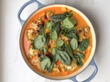 Skillet-Seared Red Curry Coconut Chicken with Sweet Potatoes & Greens