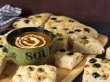 Olives Focaccia with Roasted Tomato Kale Soup