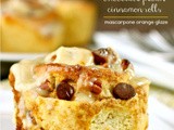 Chocolate pecan cinnamon rolls with mascarpone orange glaze