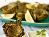 Grilled artichokes with shishito pepper aioli