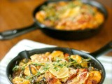 Parmesan bread pudding with baby broccoli, mushrooms, and pancetta