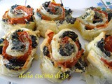 Girelle sfogliate con spinaci, ricotta salata e mortadella